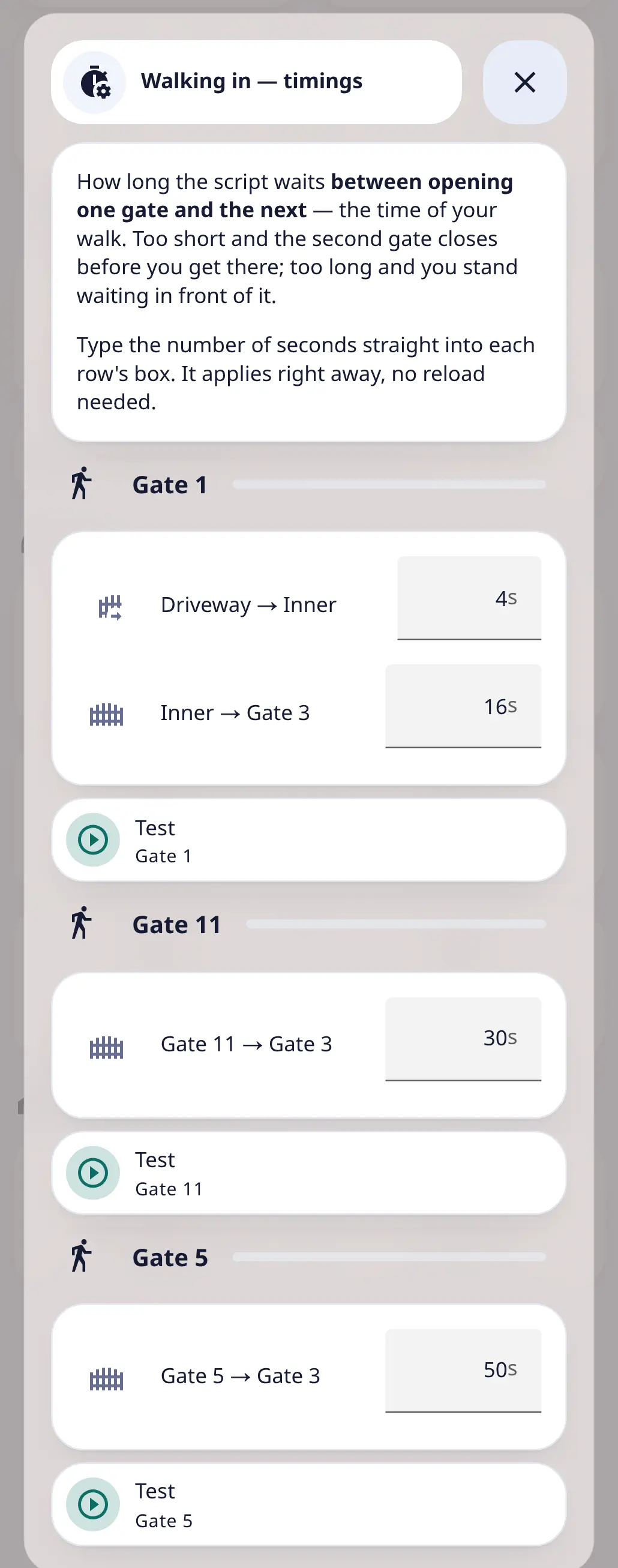 The "Walking in — timings" pop-up