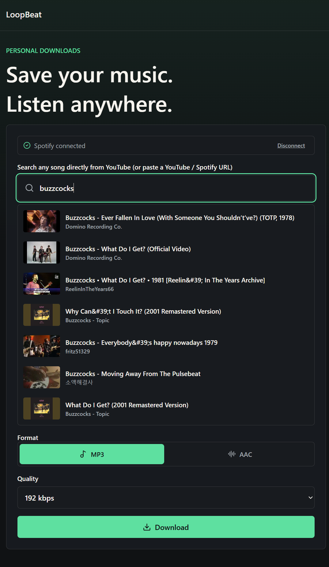 LoopBeat live YouTube search results